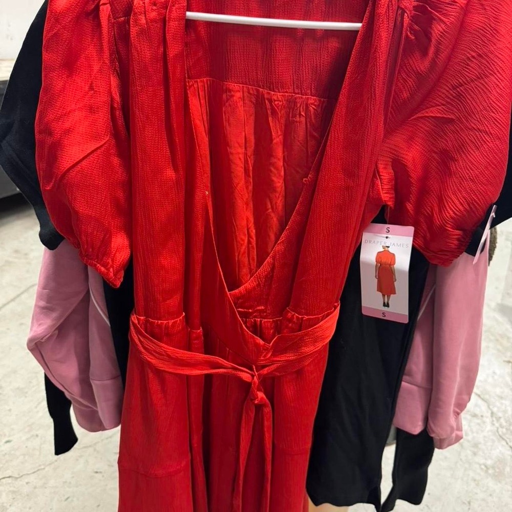 Women's Red Wrap Tie Waist Dress Puff Sleeves Size S NWT